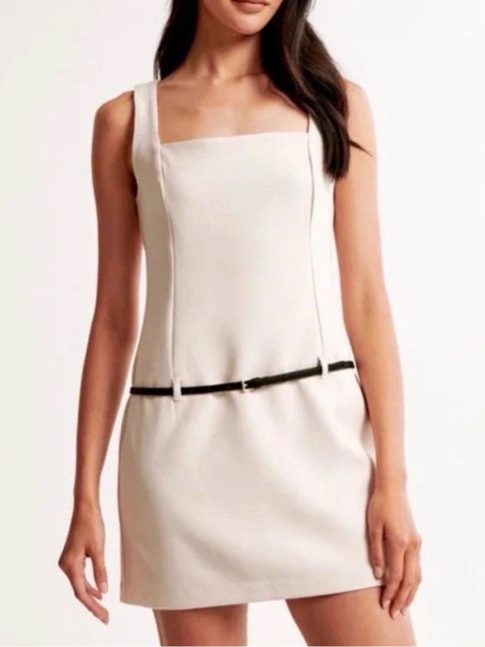 Abercrombie & Fitch Cream Square-Neck Mini Dress with Slim Belt